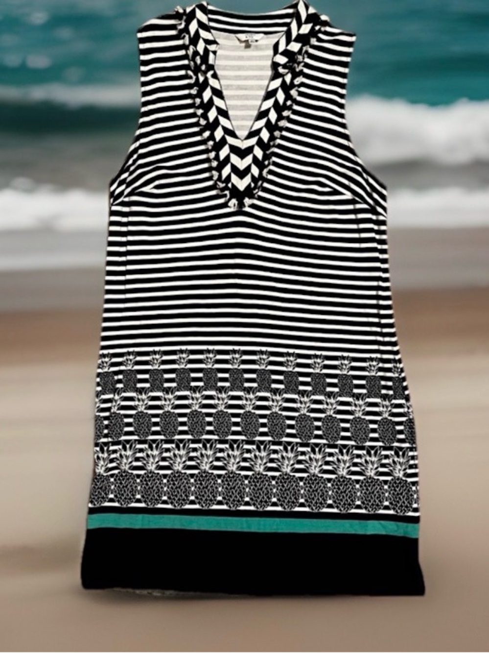 Crown & Ivy Cayo Coco XL shift dress w ruffled V-neck, pineapples & teal stripe.